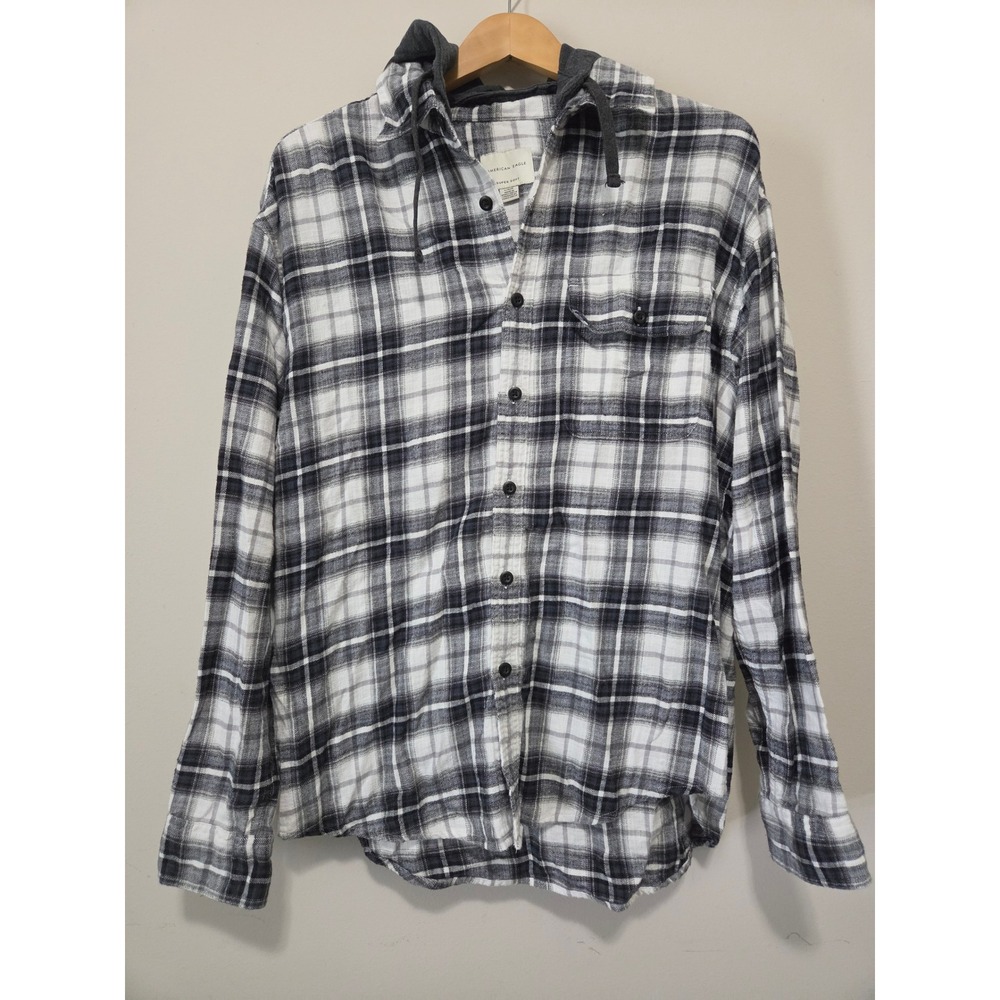 American Eagle Mens Black White Plaid‎ Super Soft Hooded Flannel Shirt Large